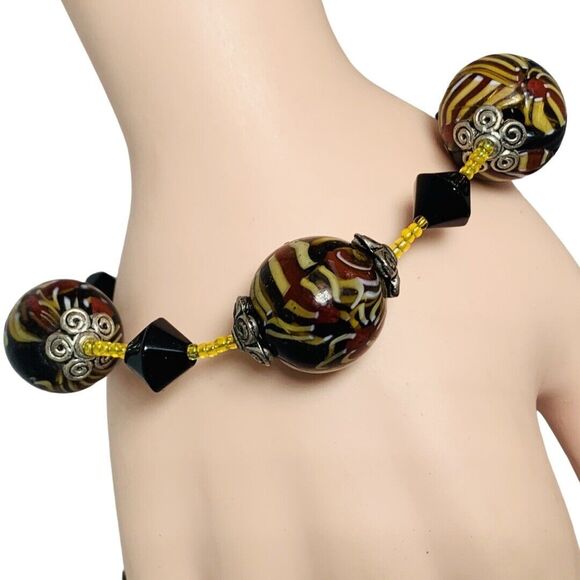 Murano Italy Swirl Multicolor Chunky Glass Bead Bracelet 9" Rare 19mm Trendy - Picture 3 of 10